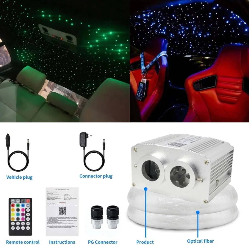 AZIMOM Dual Port 16W Twinkle Bluetooth Fiber Optic Lights Star Ceiling Light Kits 1100pcs*0.03in*13.1ft Fibers Strands Sound Activated RGBW APP/Remote for Car Home Starlight Headliner Décor