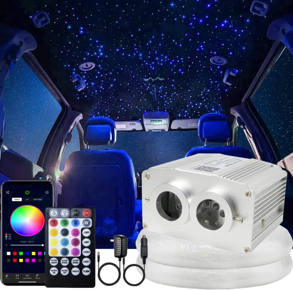 AZIMOM Dual Port 16W Twinkle Bluetooth Fiber Optic Lights Star Ceiling Light Kits 1100pcs*0.03in*13.1ft Fibers Strands Sound Activated RGBW APP/Remote for Car Home Starlight Headliner Décor