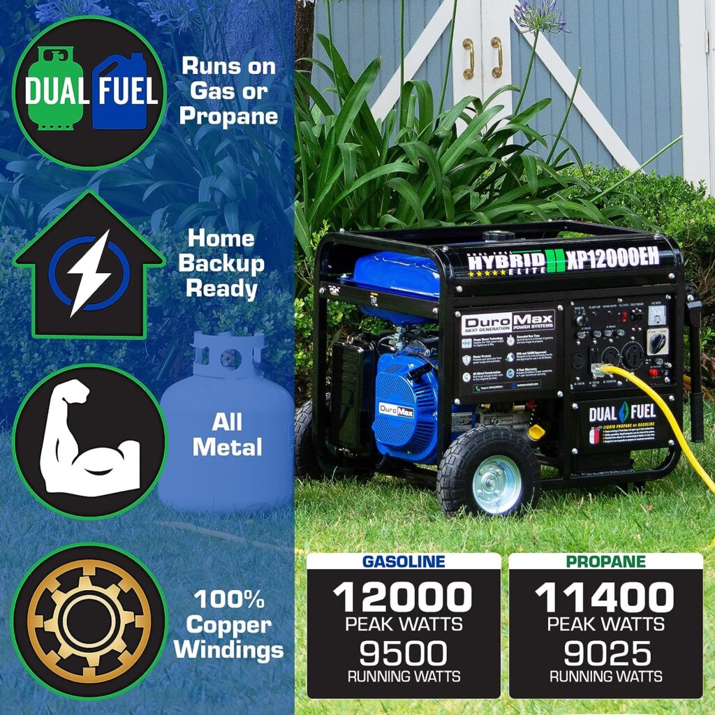 DuroMax XP12000EH Generator-12000 Watt Gas or Propane Powered Home Back Up  RV Ready, 50 State Approved Dual Fuel Electric Start Portable Generator, Black and Blue