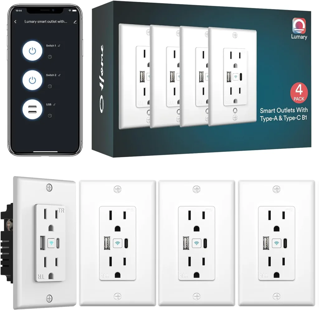 Lumary Smart Outlet in-Wall with Individually Controlled Type C  USB Charger Ports, Tamper Resistant 2.4GHz Wi-Fi Remote Control Outlet, Work with Google Home, Alexa, 15 Amp, FCC Certified, 4 Packs