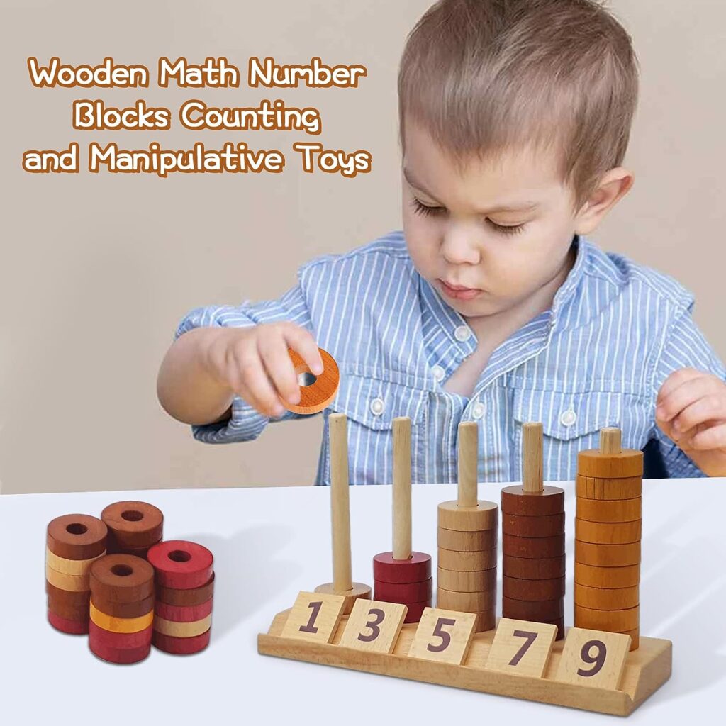 Montessori Toys for Toddlers, Wooden Math Number Blocks Counting and Manipulative Toys, Basic Math Game Preschool Learning Educational Materials for Toddlers Kids 2 3 4 5 Years
