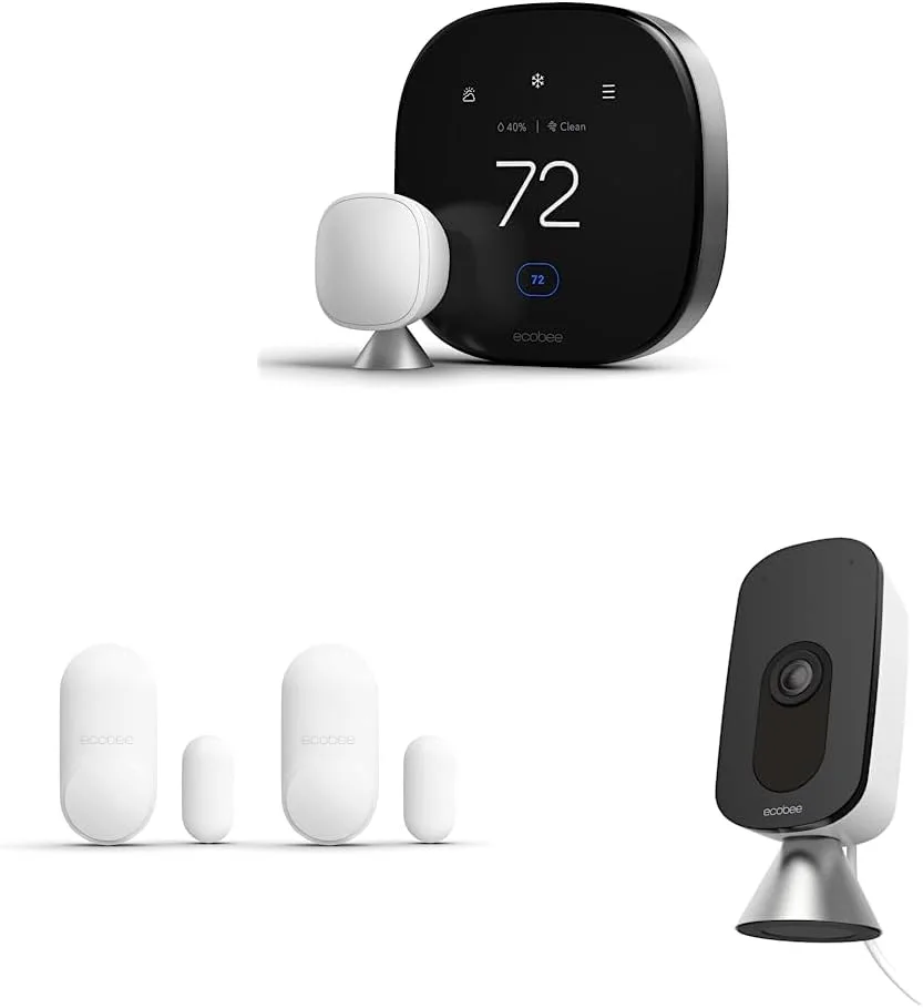 New ecobee Smart Thermostat Premium with Smart Sensor and Air Quality Monitor  Smart Sensor for Doors  Windows 2 Pack  SmartCamera – Indoor WiFi Security Camera, Smart Home Security System