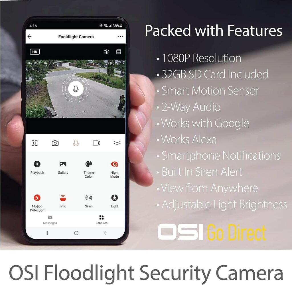 OSI Black Wi-Fi Wireless Smart Floodlight Security Camera, Human Detection,2-Way Audio, Motion Sensor Alarm,Audio Video Recording,Compatible with Alexa  Google,32GB SD Card Included  Cloud Storage