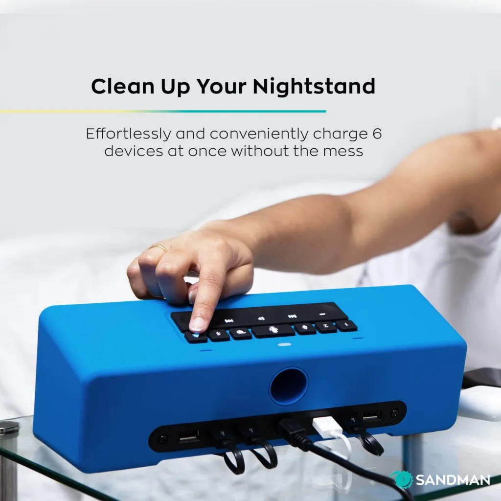 Sandman Clocks Doppler Smart Clock  Speaker with 6 Charging Ports and Alexa Multifunctional Bedside Clock with Alexa Built-in, Alarm, Smart Buttons, Premium Sound, Auto Dimmer - Midnight Blue