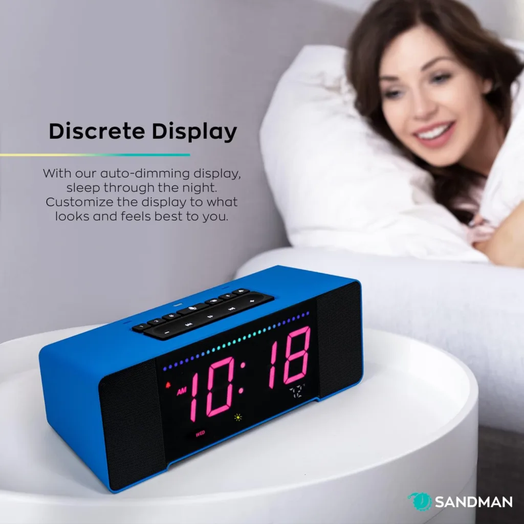 Sandman Clocks Doppler Smart Clock  Speaker with 6 Charging Ports and Alexa Multifunctional Bedside Clock with Alexa Built-in, Alarm, Smart Buttons, Premium Sound, Auto Dimmer - Midnight Blue