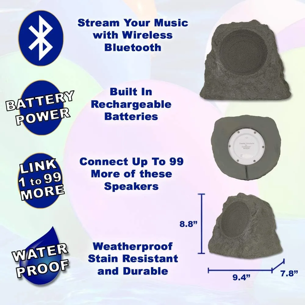 Theater Solutions B43GR Fully Wireless 120 Watt Rechargeable Battery Bluetooth Rock Speaker Pair Slate Grey Link Up to 99 Speakers Wirelessly, Slate Gray